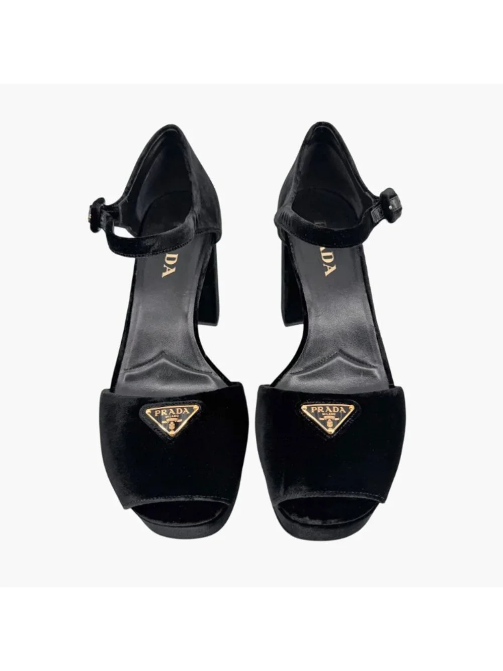 Prada Triangle Logo Platform Pumps Heels Sandals Black Velvet Size 41 US 11